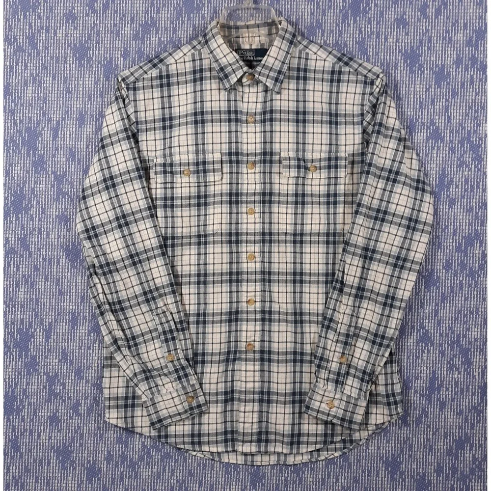 Polo Ralph Lauren Shirt Mens Medium Flannel Pockets Cotton White Blue